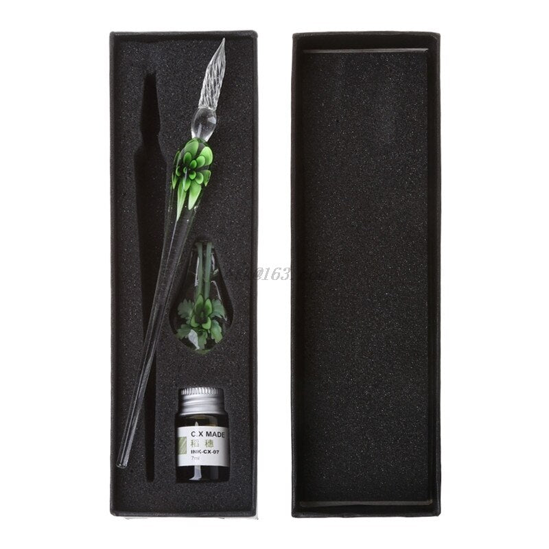 Handmade Elegant Crystal Floral Glass Dip Pen Stationary - MoonlightMysticVibes.com